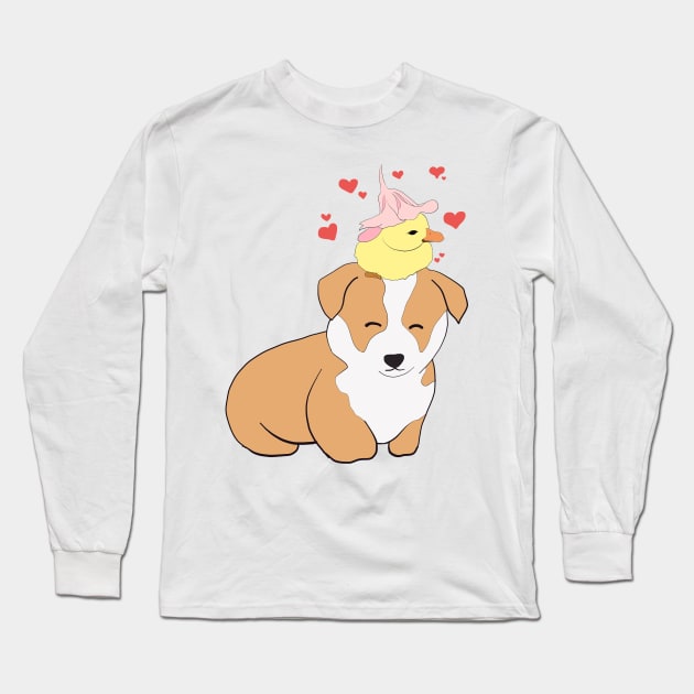 Corgi With Baby Chick Long Sleeve T-Shirt by jenartfart